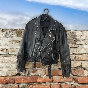 Vintage 1980's moto Black Leather Jacket with fringe & concho Men S  , Women M